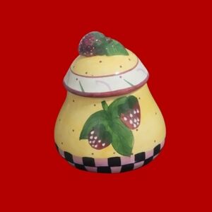 Vintage-Style Strawberry Ceramic Canister with Checkered Trim - Country Kitchen